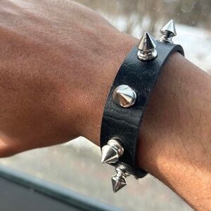 Black Spiked Leather Bracelet - Men's Accessory